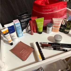Sephora Makeup Set with Red Clinique Cosmetic Bag and Assorted Skincare Samples
